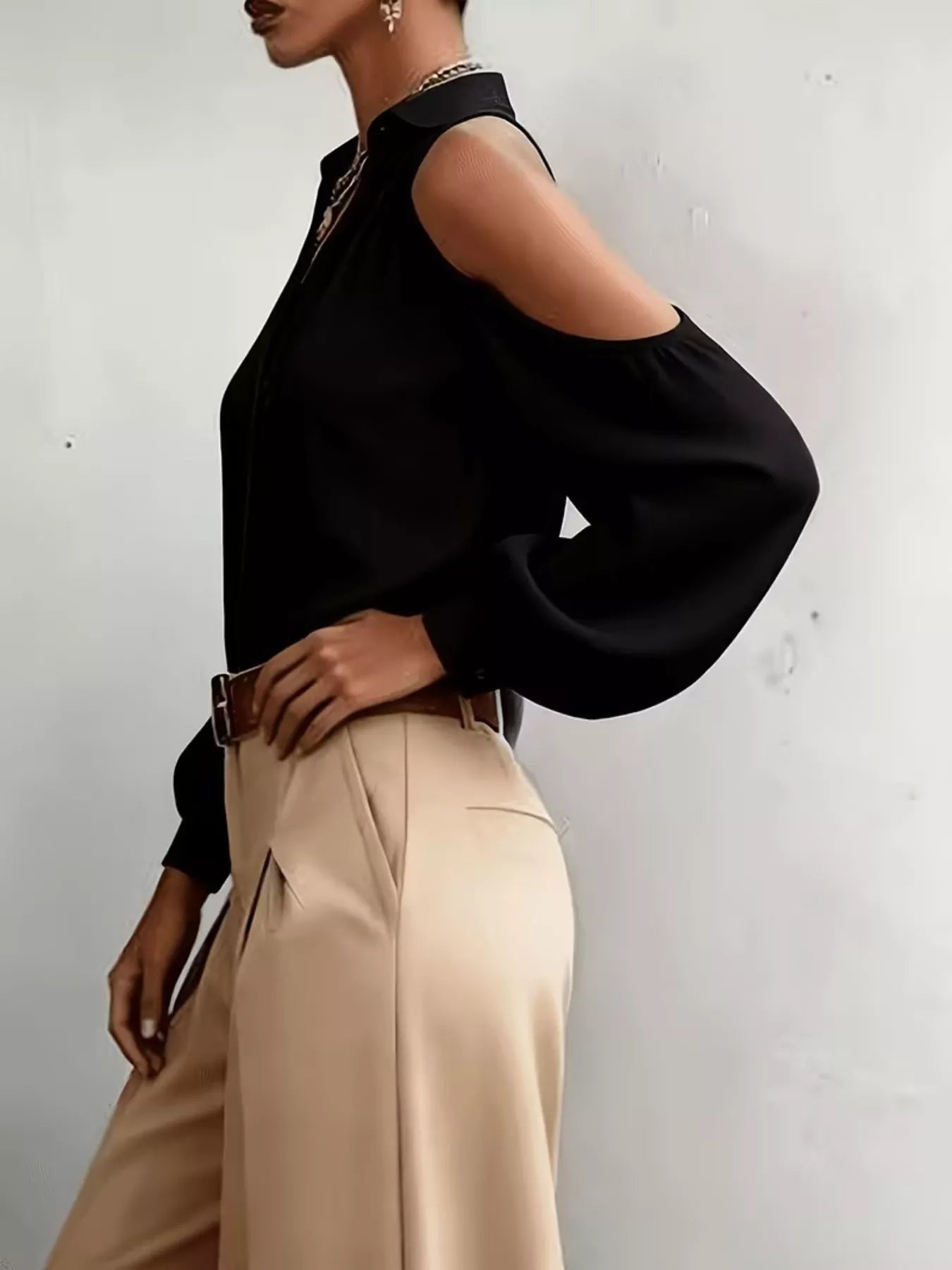 Trendsi Cold-Shoulder Button-Down Shirt -