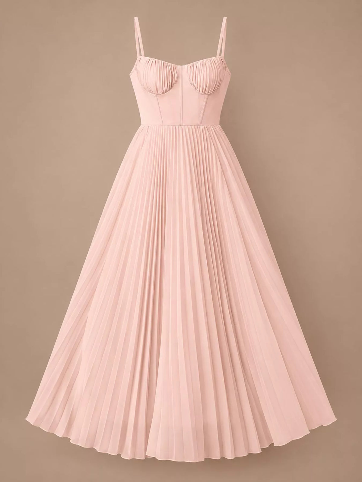 Pink pleated sweetheart neck midi dress — front view