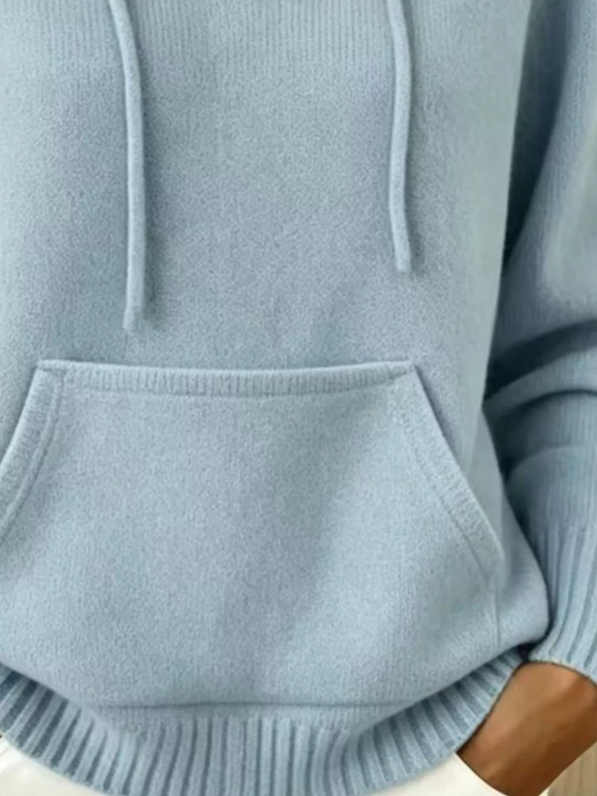 Women's Drawstring Kangaroo Pocket Hooded Sweater in light blue — pocket detail view
