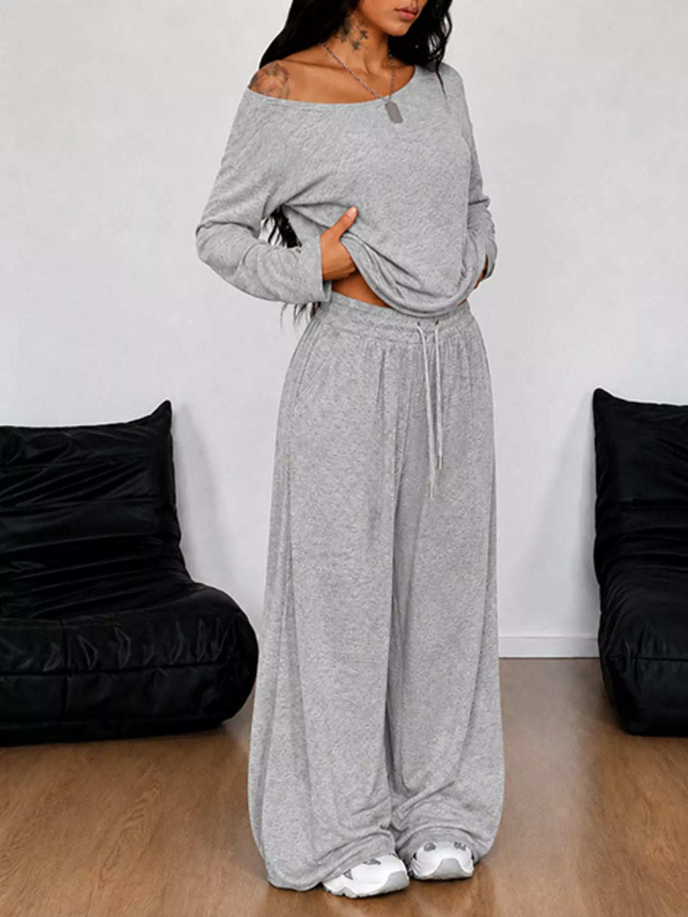 Trendsi Full Size One-Shoulder Top and Drawstring Pants Set Plus Size -