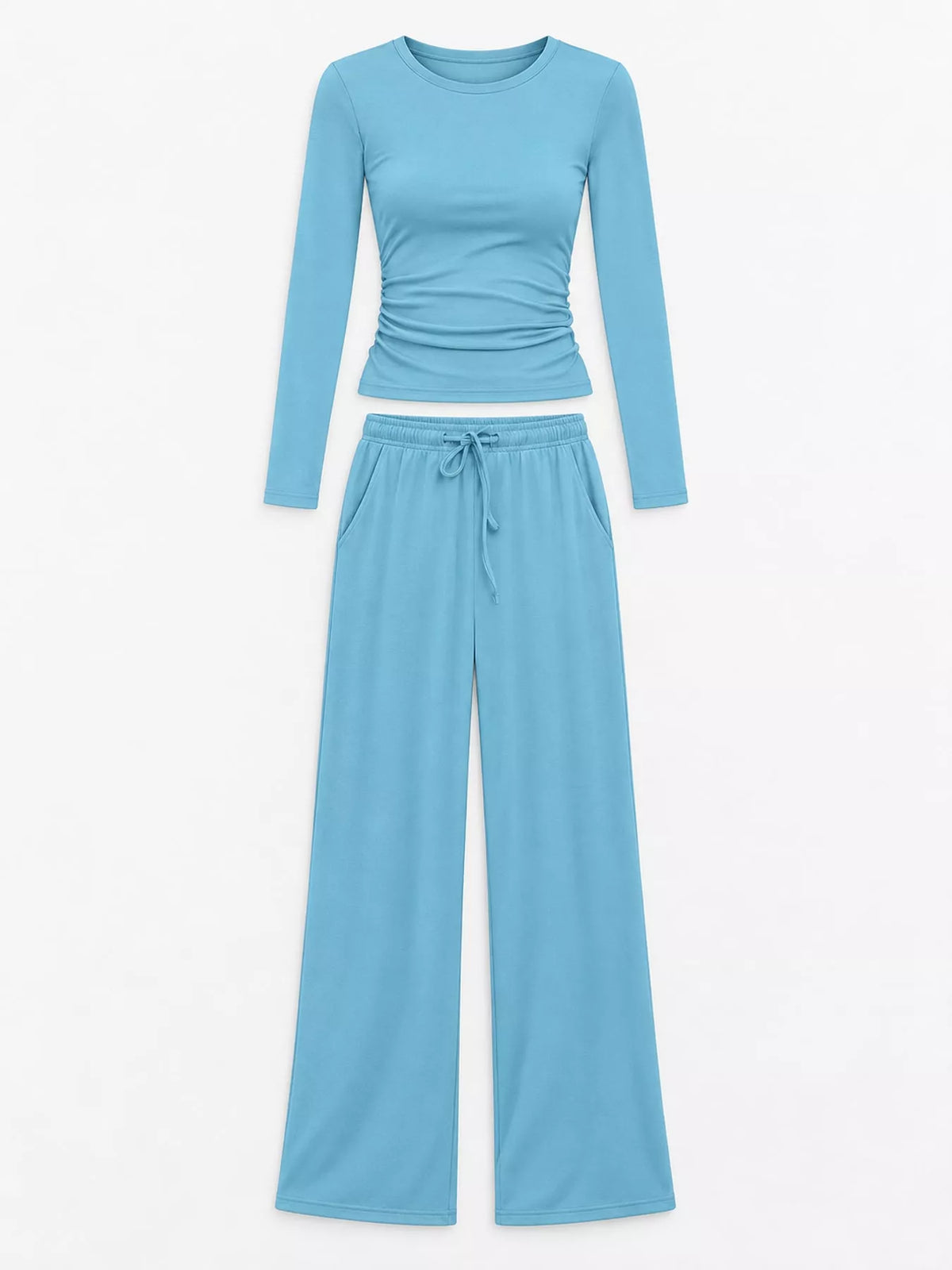 Long Sleeve Ruched Top and Wide-Leg Drawstring Pants Set — garment front