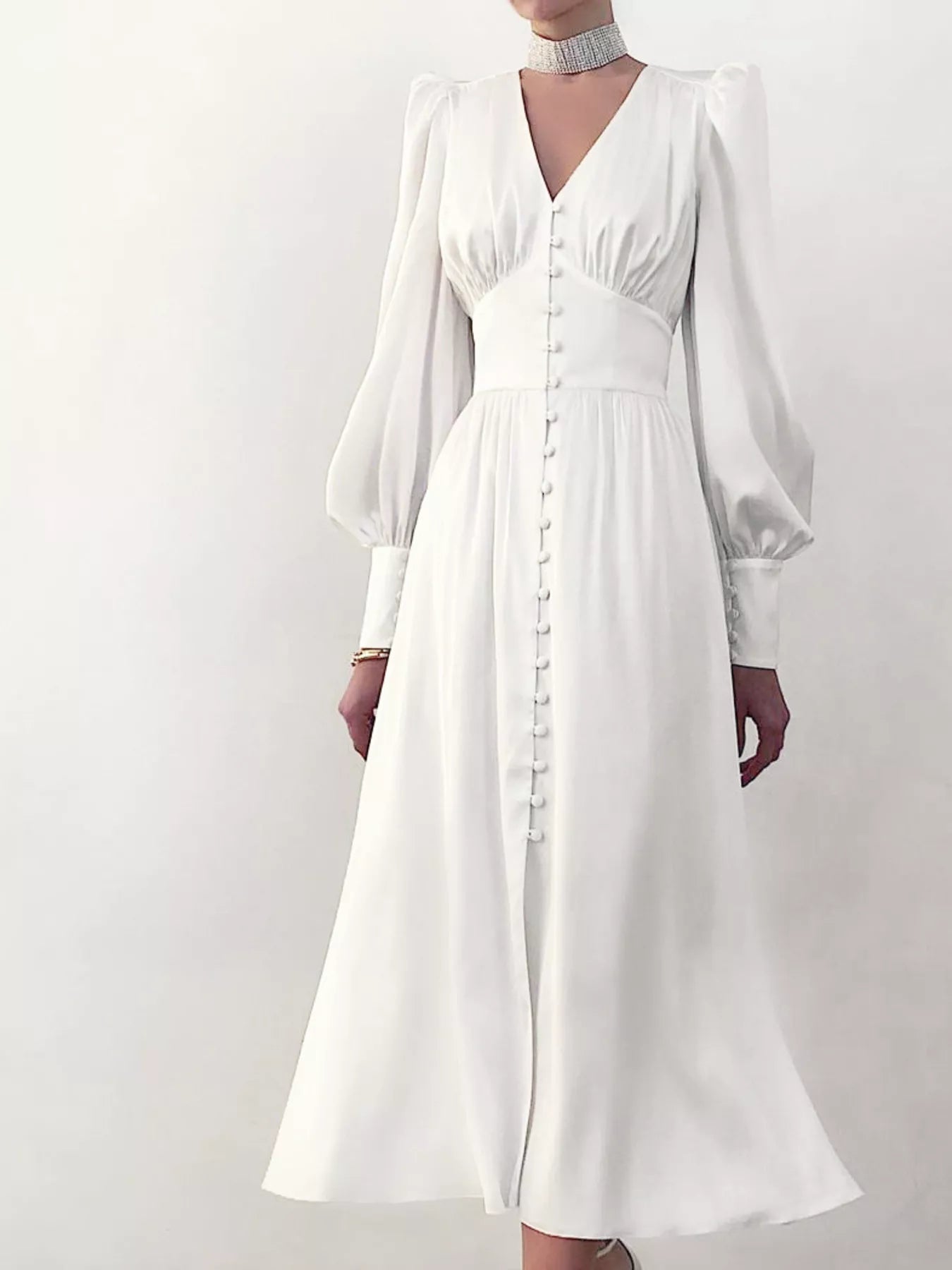 Trendsi V-Neck Lantern Sleeve Midi Dress -