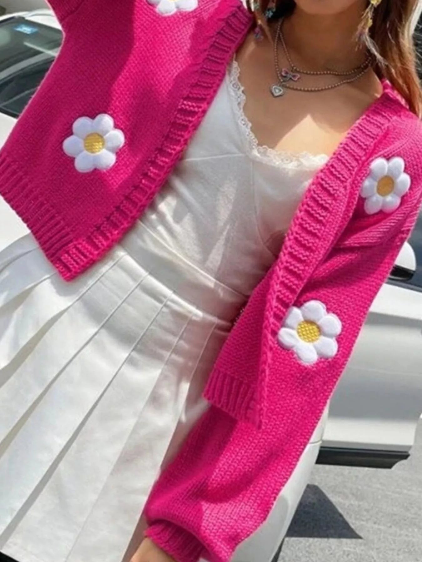 Trendsi Floral Open Front Knit Cardigan -
