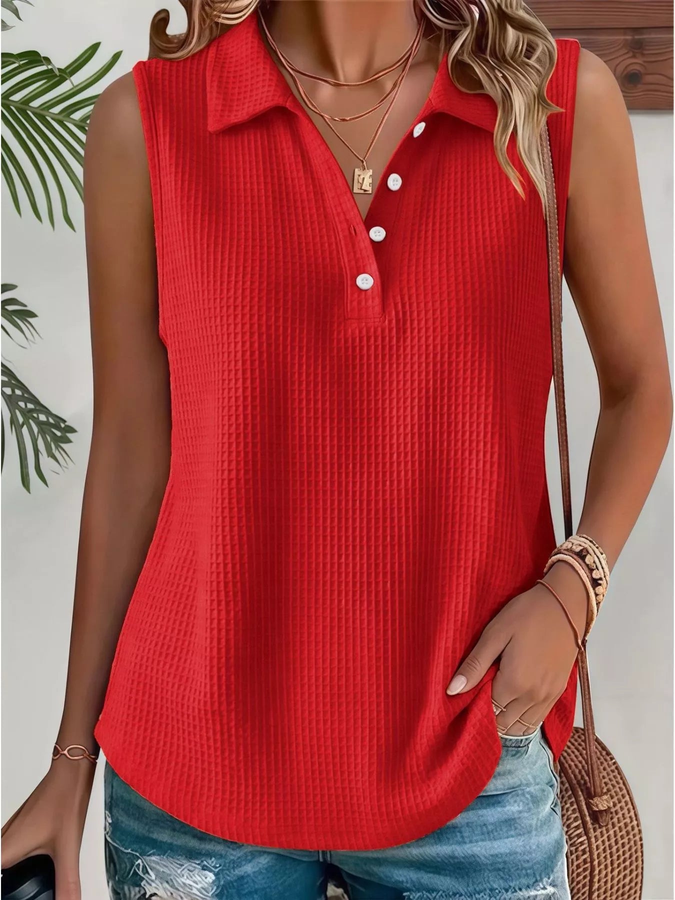 Trendsi Full Size Waffle Knit Button Detail Sleeveless Top Plus Size -