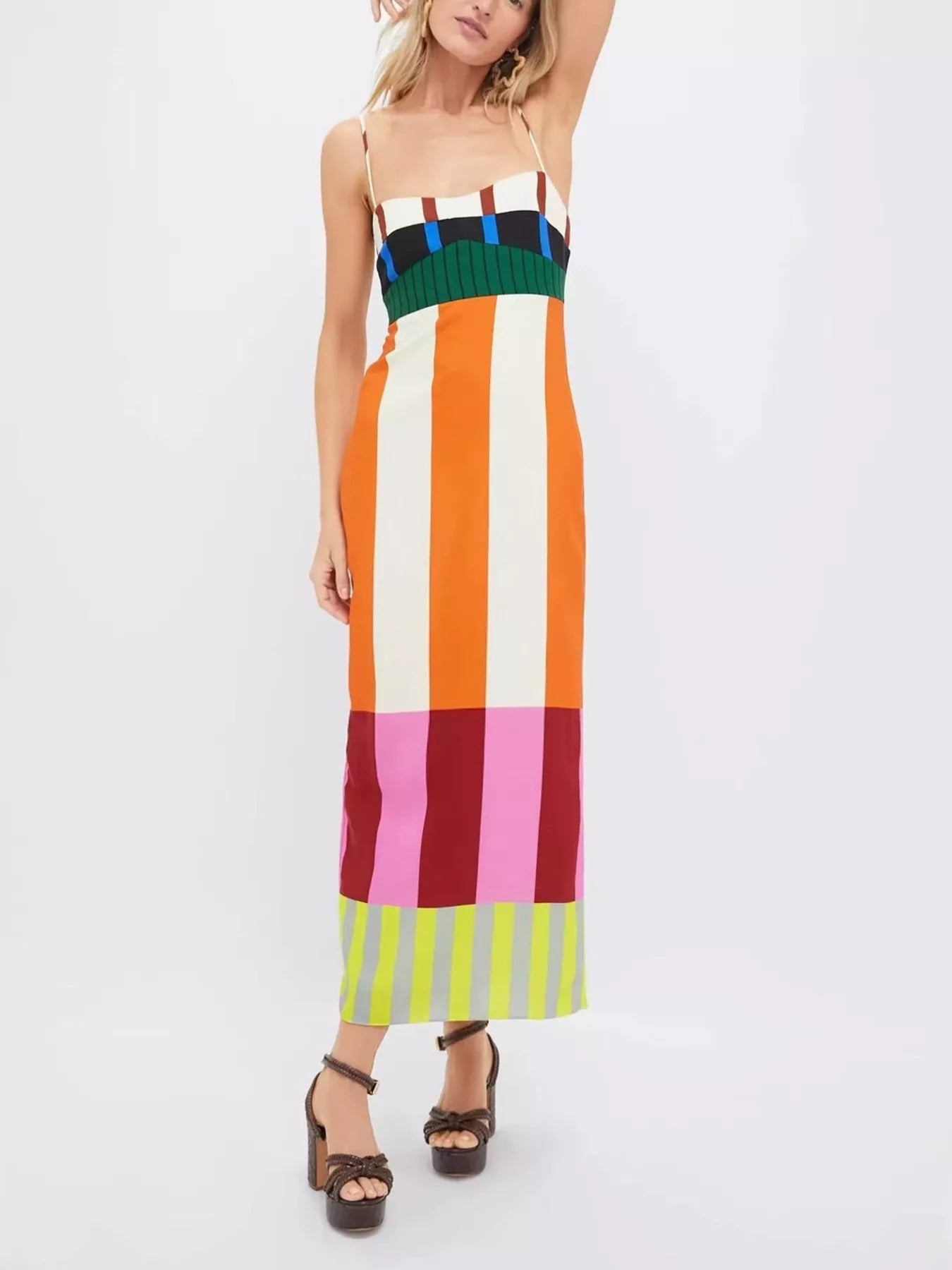 Trendsi Color-Block Striped Spaghetti Strap Midi Dress -