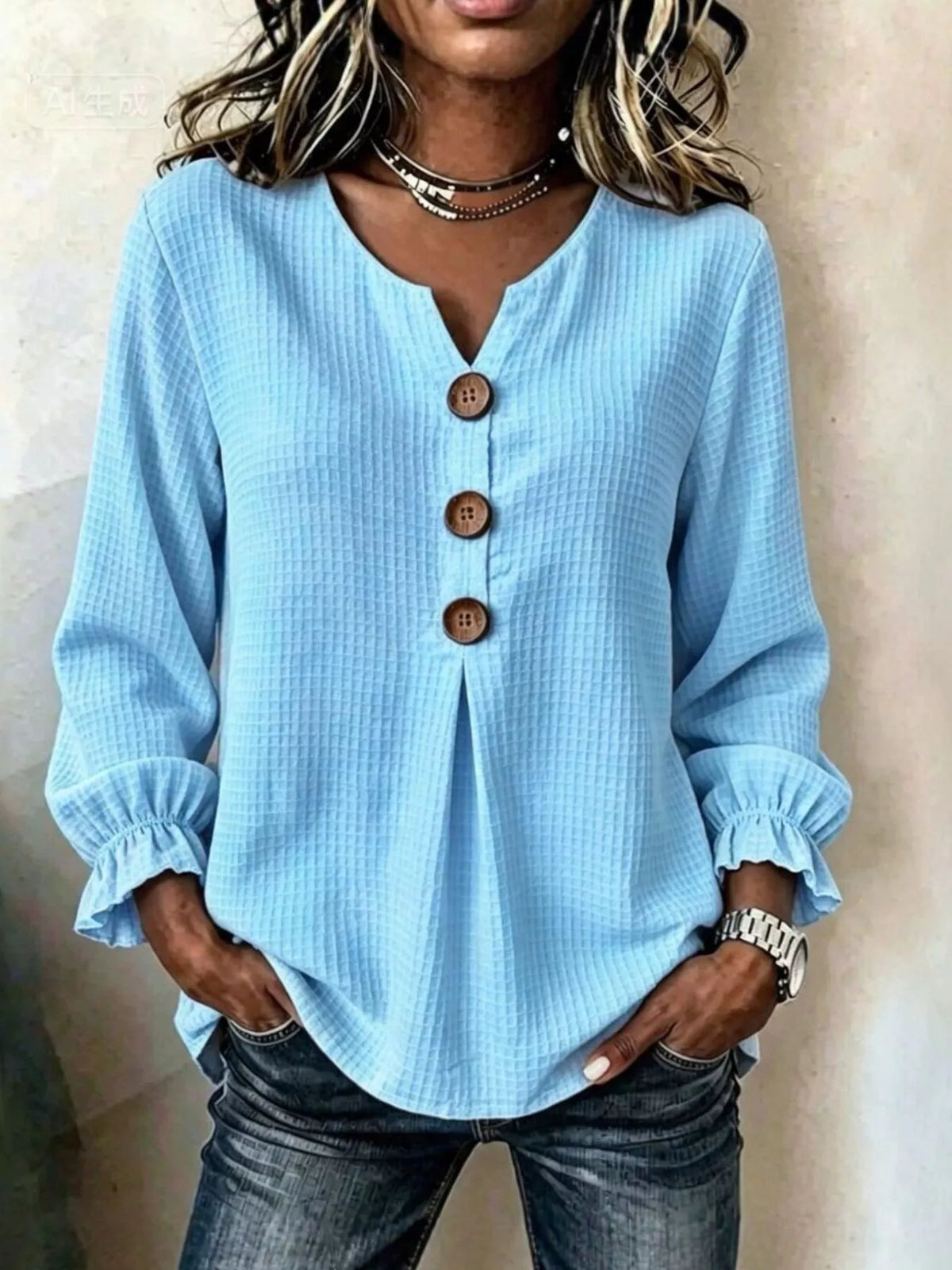Light blue waffle knit blouse, front view