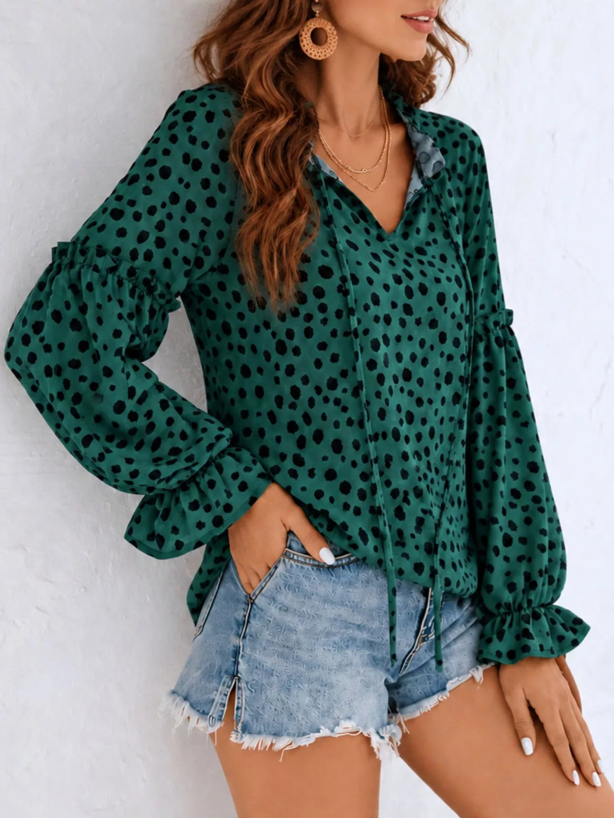 Polka Dot Tie Neck Long Sleeve Blouse in dark green