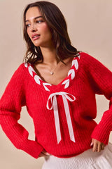 Trendsi SO ME Satin Tape Braided Ribbon Tie V Neck Sweater -