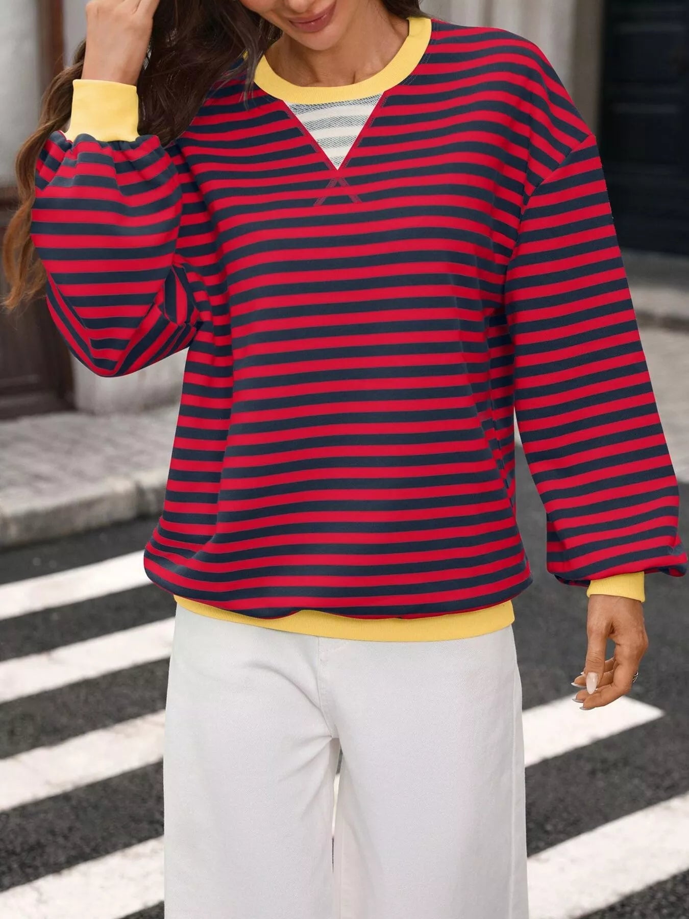 Trendsi Contrast Trim Striped Crew Neck Sweatshirt -