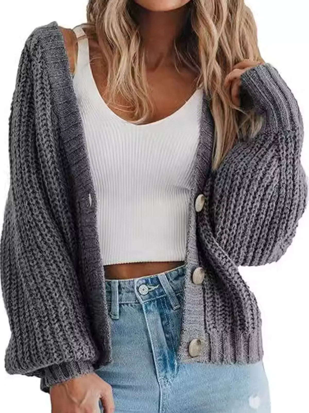 Button cardigan, gray front