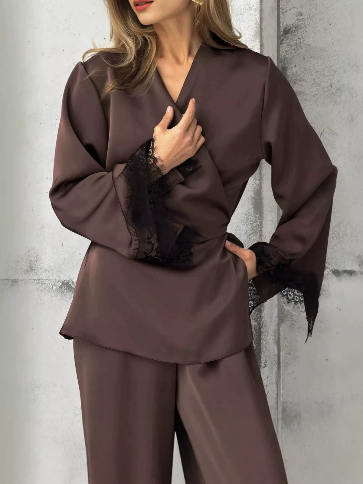 Trendsi Lace Trim Wrap Top and Pants Set -