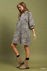 Trendsi Umgee Leopard Print Quarter Zip Puff Sleeve Mini Dress -