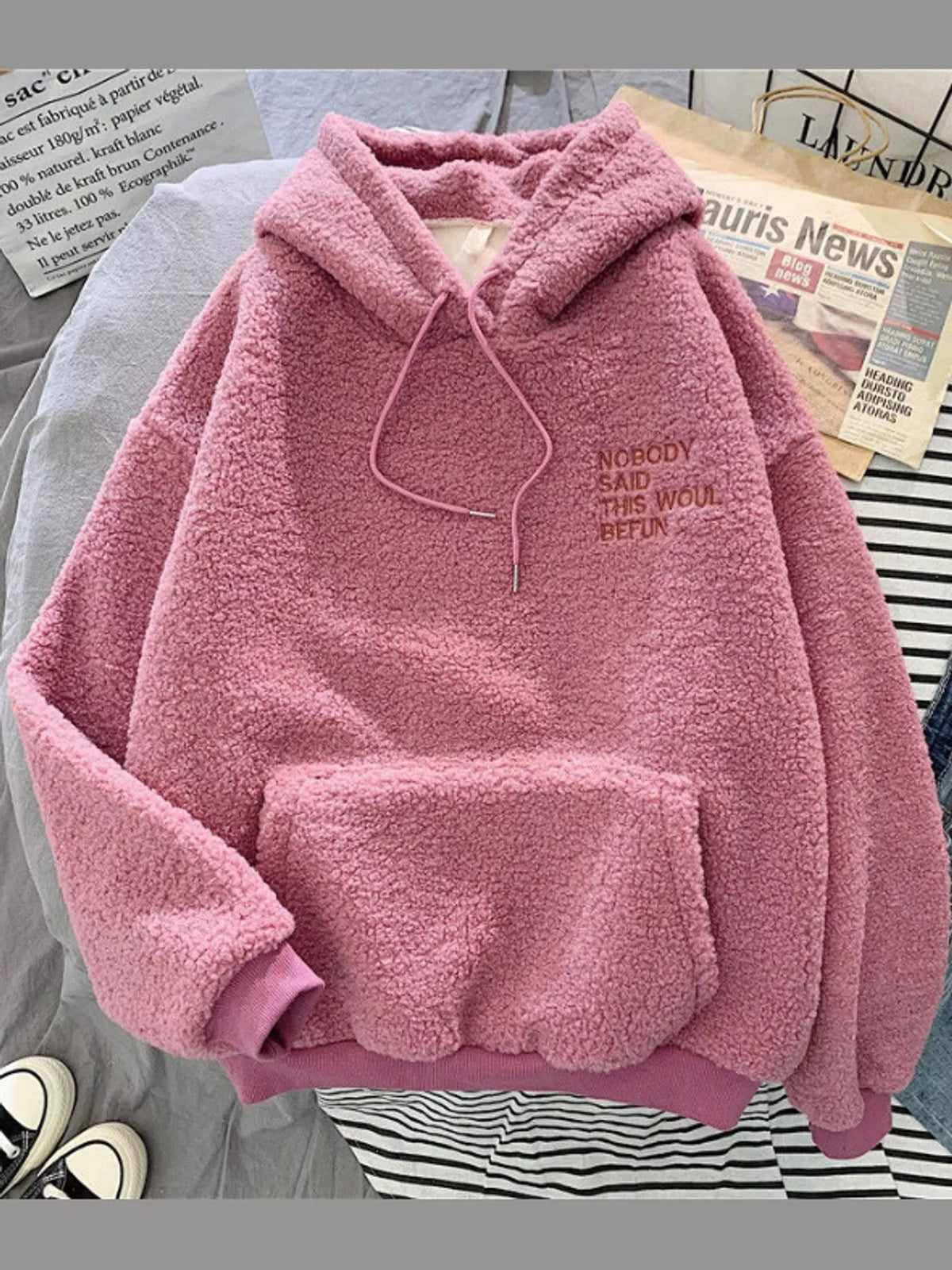 Oversized Drawstring Sherpa Hoodie — garment front