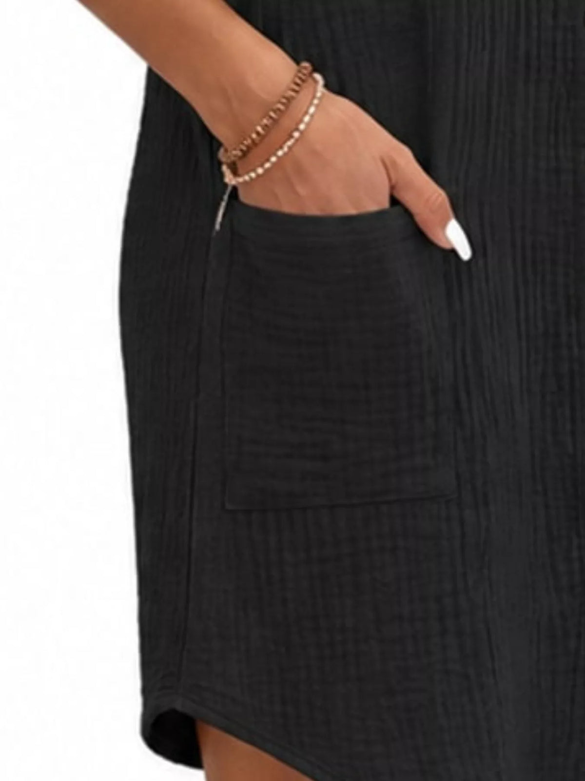 Black textured button-front shirt dress with pockets, patch pocket detail