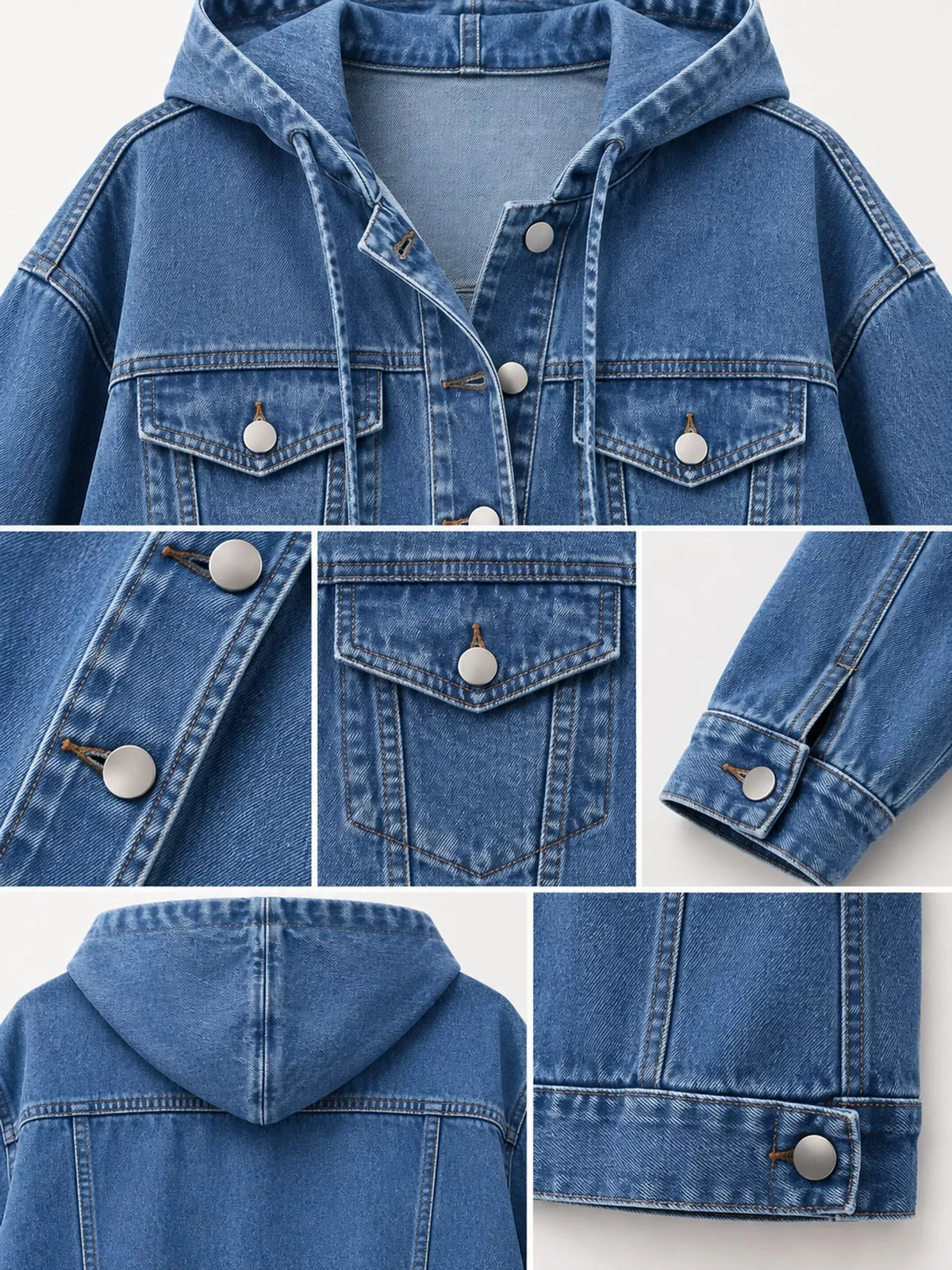 Hooded Cropped Denim Jacket, detail view in blue