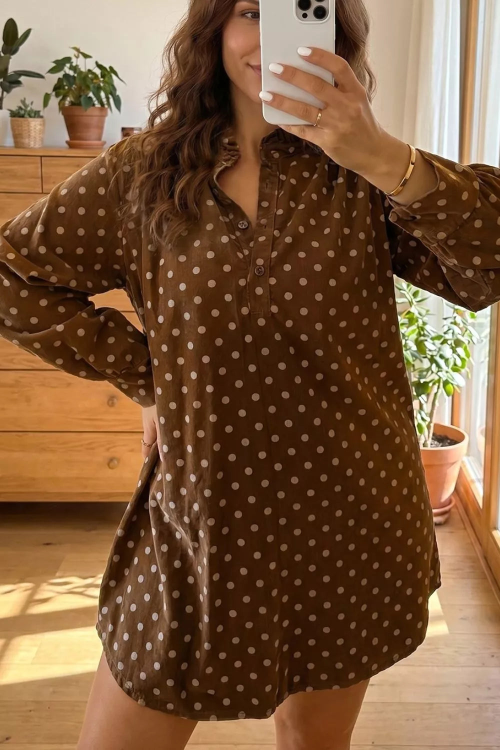 Trendsi Polka Dot V Neck Long Sleeve Button Shift Dress -