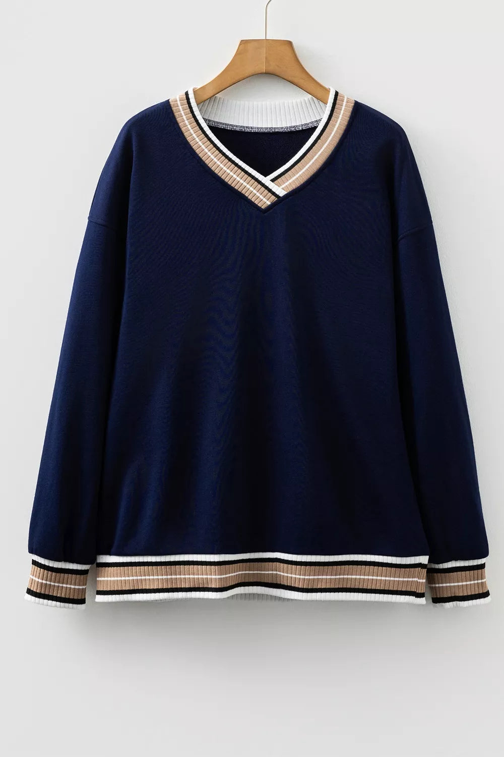 Trendsi Contrast Striped Trim V Neck Sweatshirt -