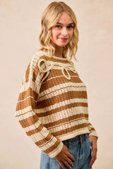 Trendsi BiBi Striped Open Knit Sweater Top with Front Braided Detail -