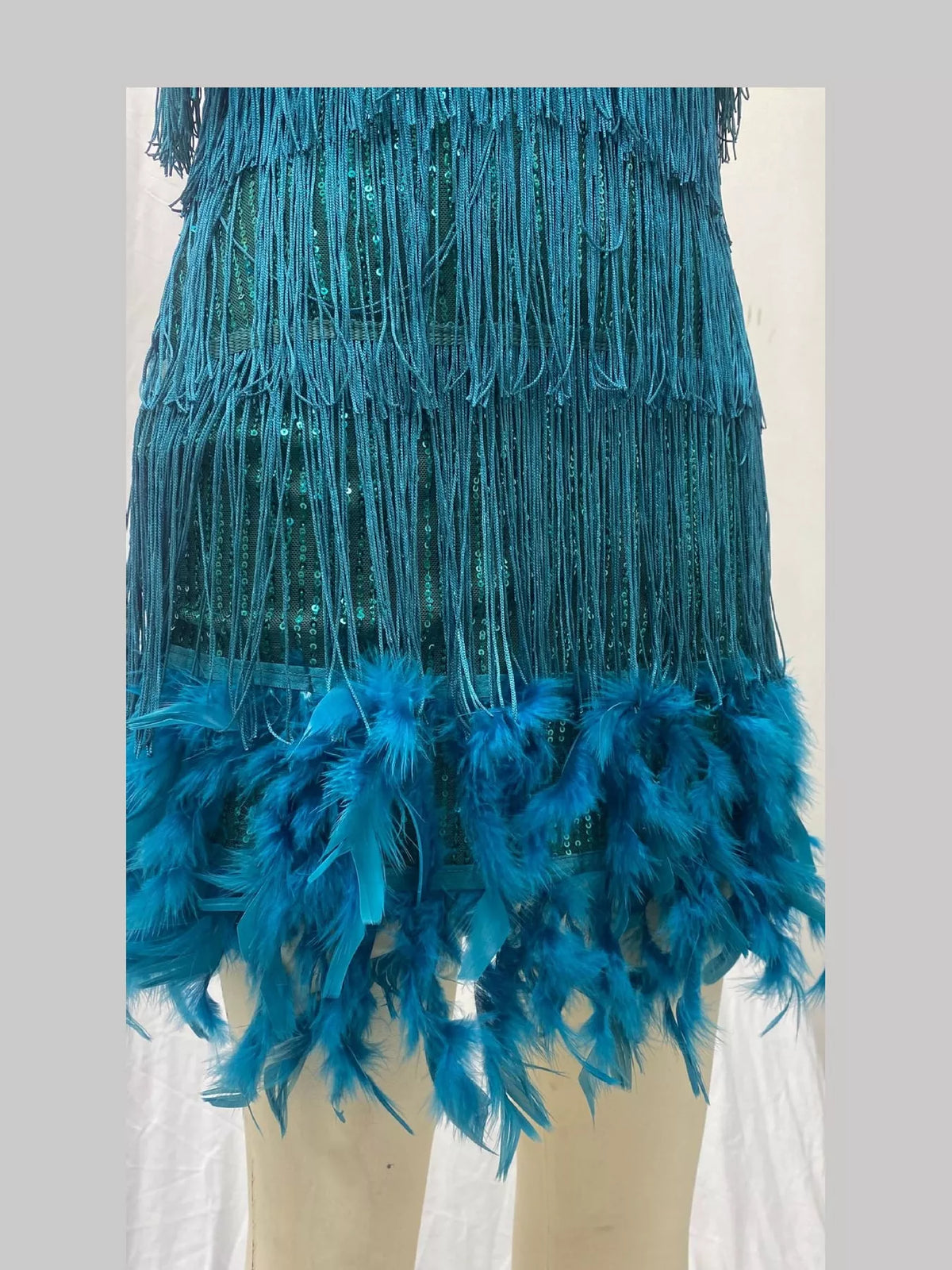 Teal feather fringe sequin mini dress, detail view