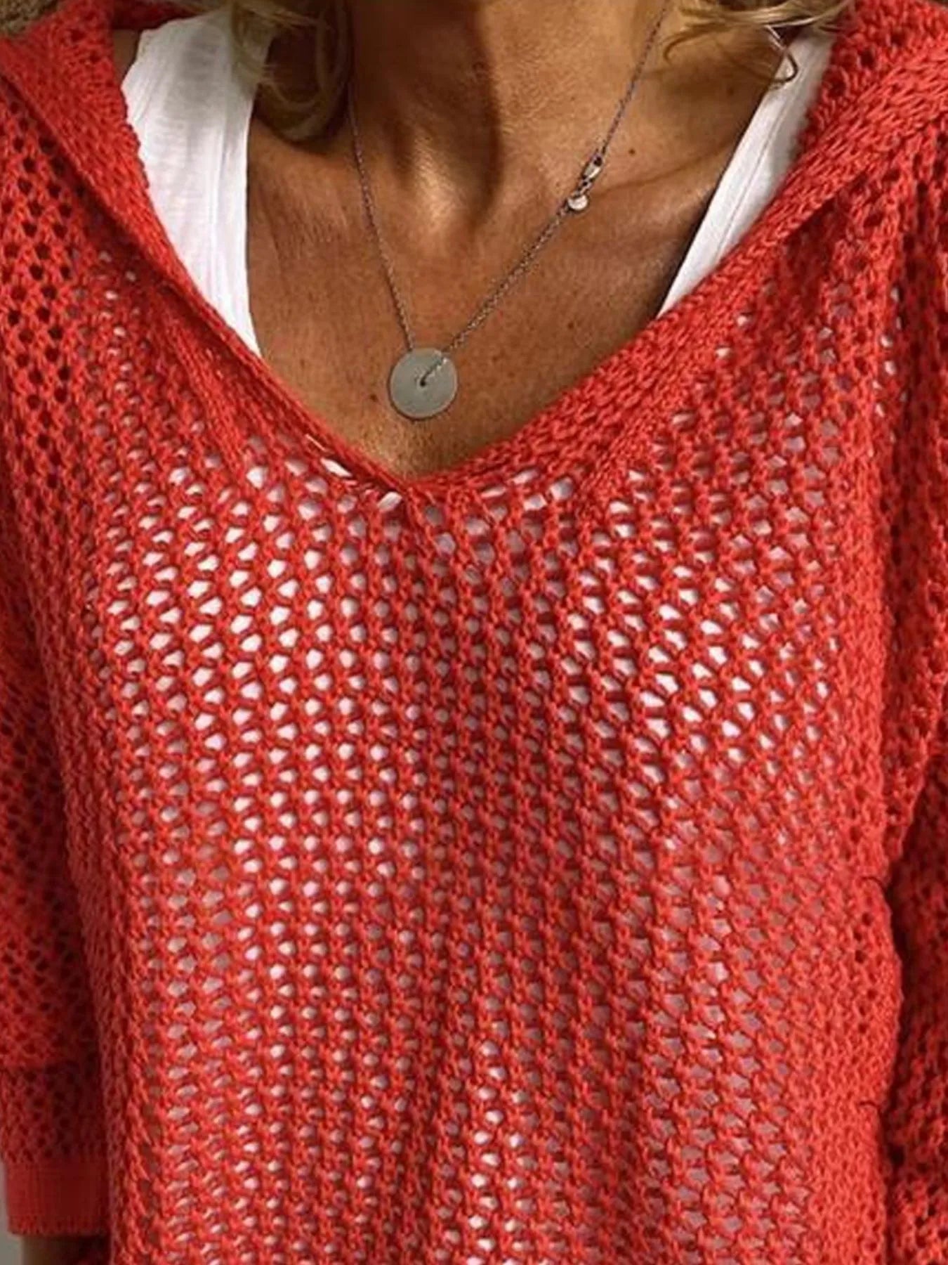 Trendsi Openwork Long Sleeve Hooded Knit Cover Up -