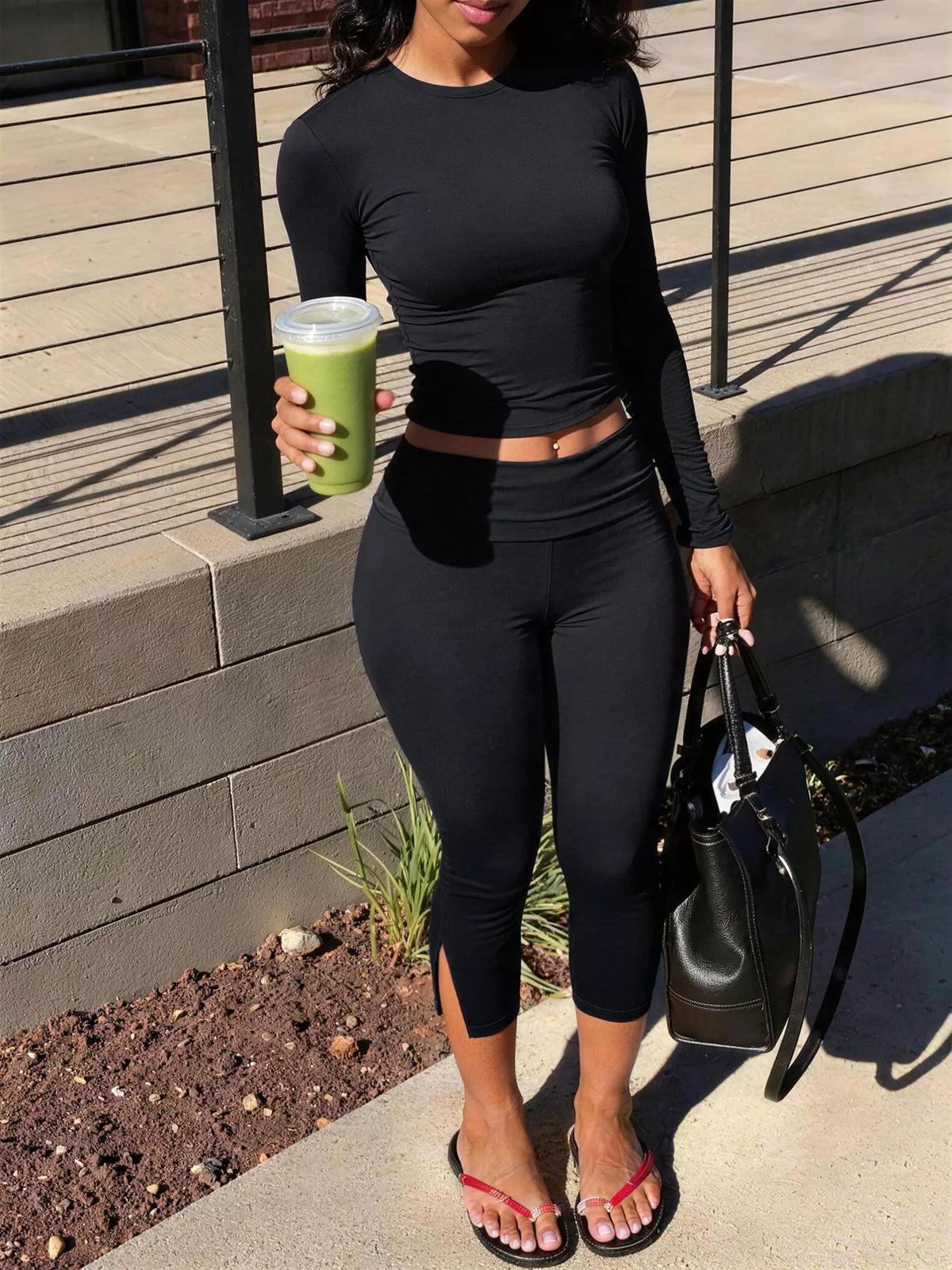 Crop Top and Split-Hem Leggings Set in black, front view