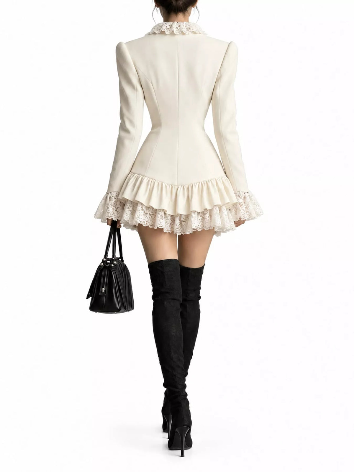 White lace trim blazer dress, back view