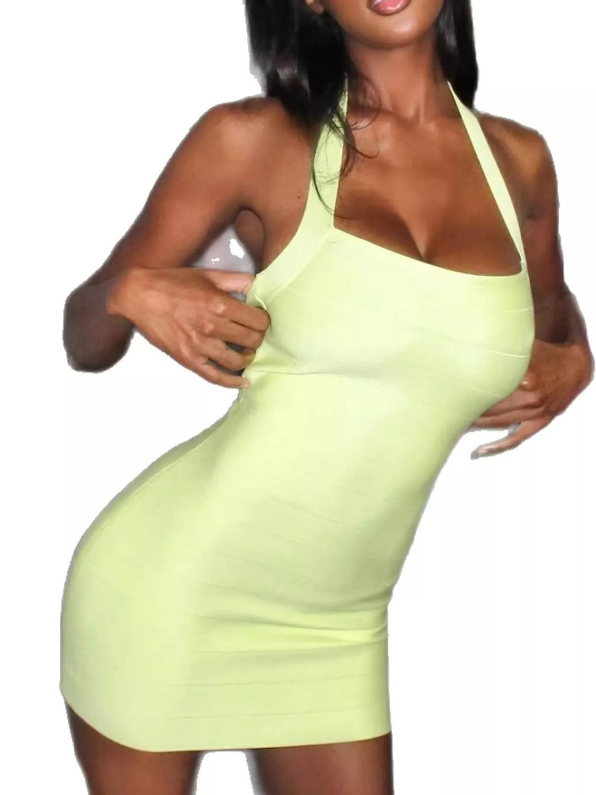 Yellow halter neck bodycon dress, front view