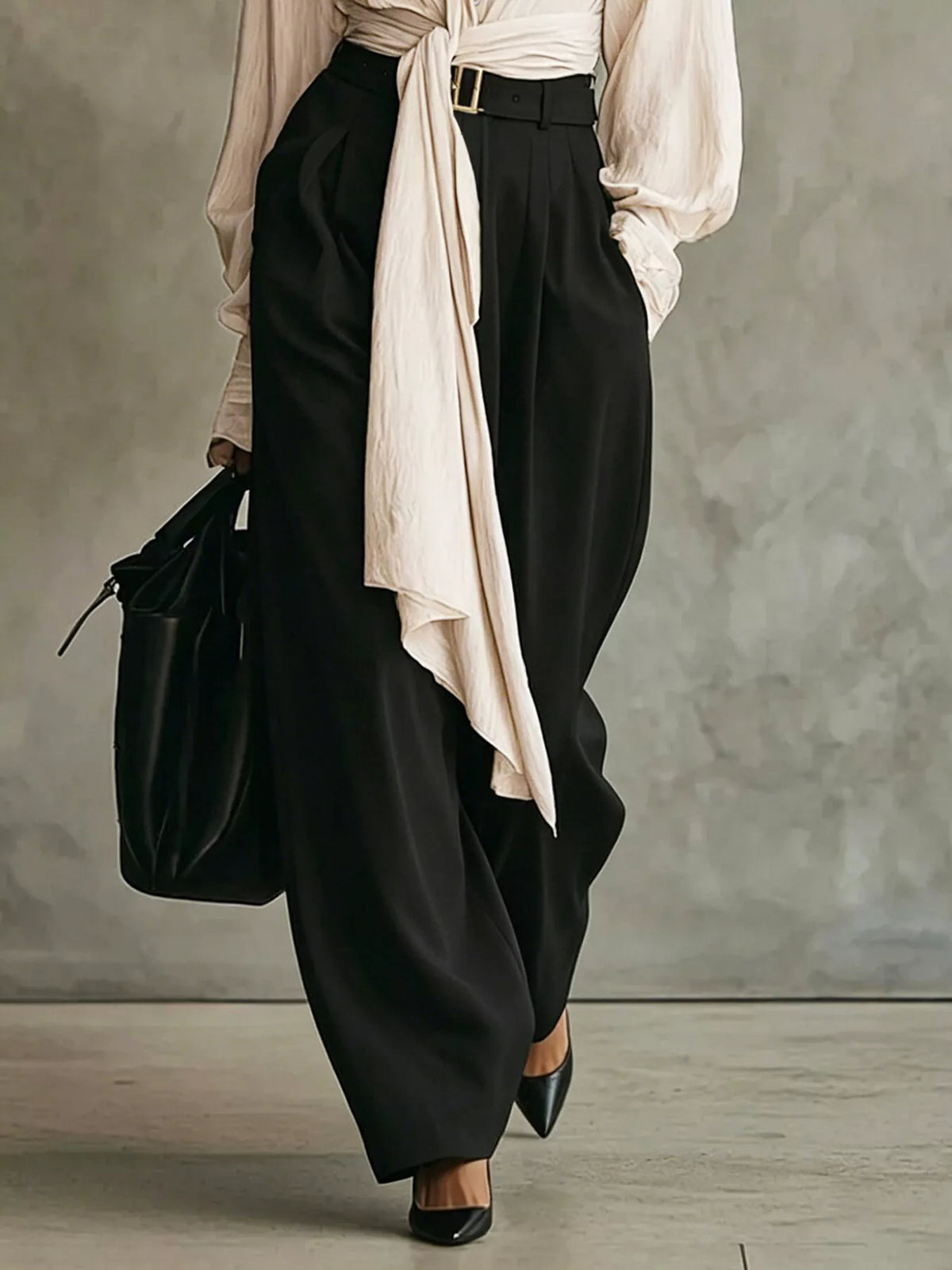 Apricot Tie-Front Shirt and Wide-Leg Pants Set three-quarter view