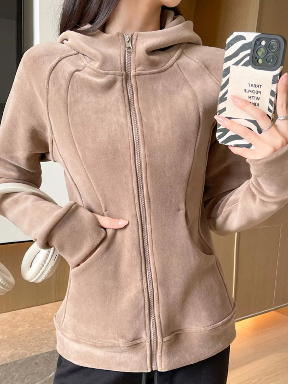 Slim-Fit Full-Zip Thumb Hole Long Sleeve Hoodie with Pockets — front view