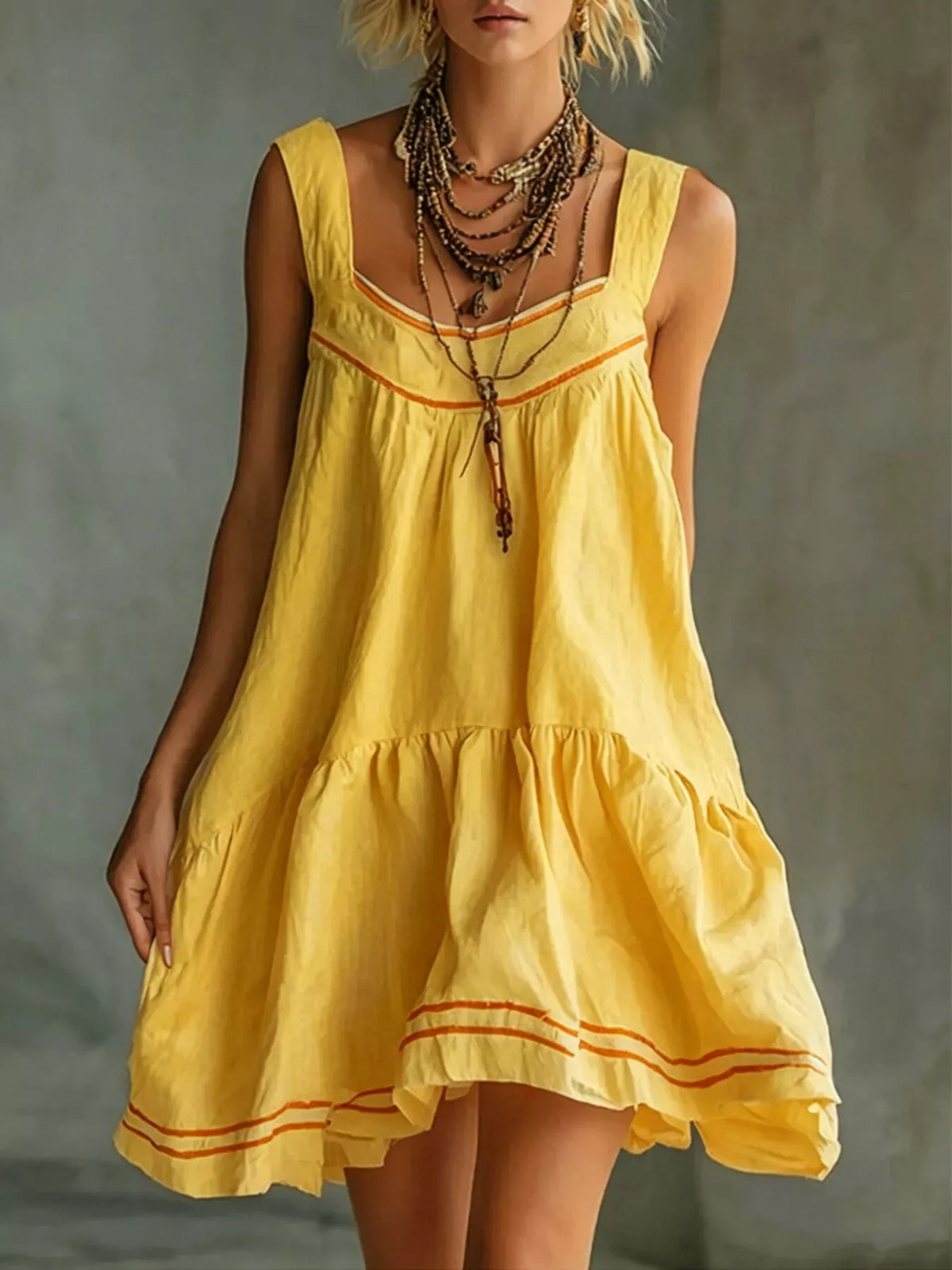 Sleeveless Tiered Mini Dress in yellow, front view