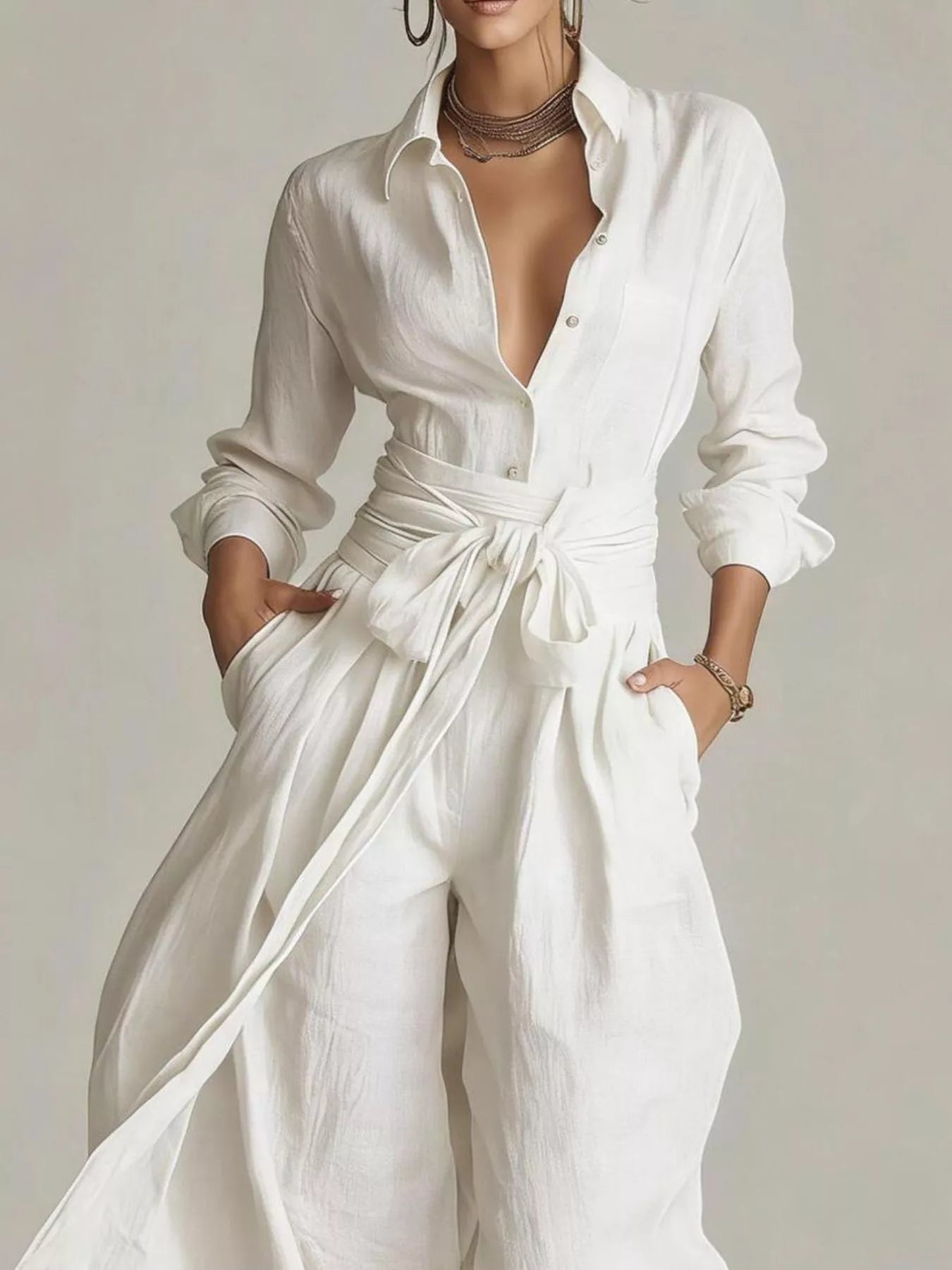 Trendsi Long-Sleeve Button-Down Waist-Tie Jumpsuit -