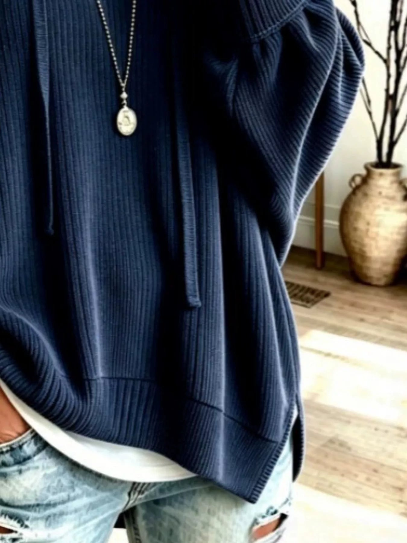 Trendsi Drawstring Ribbed Knit Hoodie -
