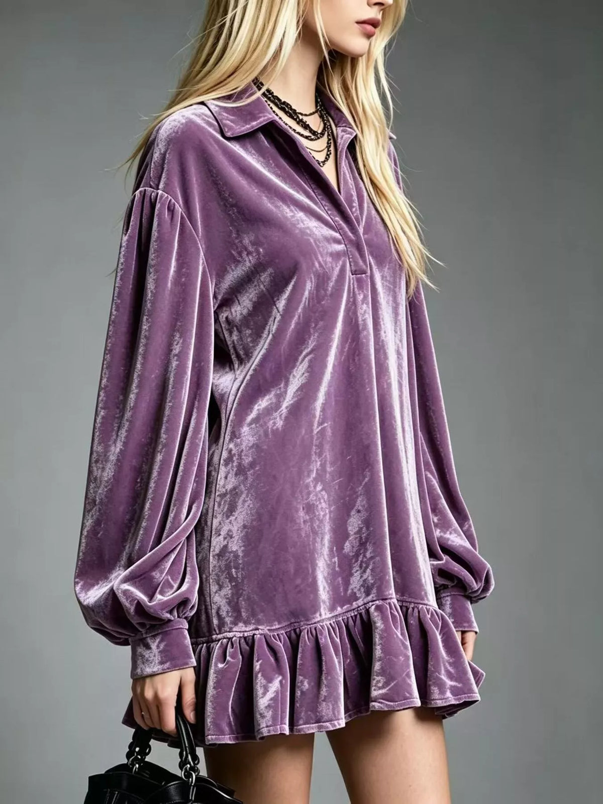 Mauve Velvet Long Sleeve Ruffle-Hem Mini Dress side view