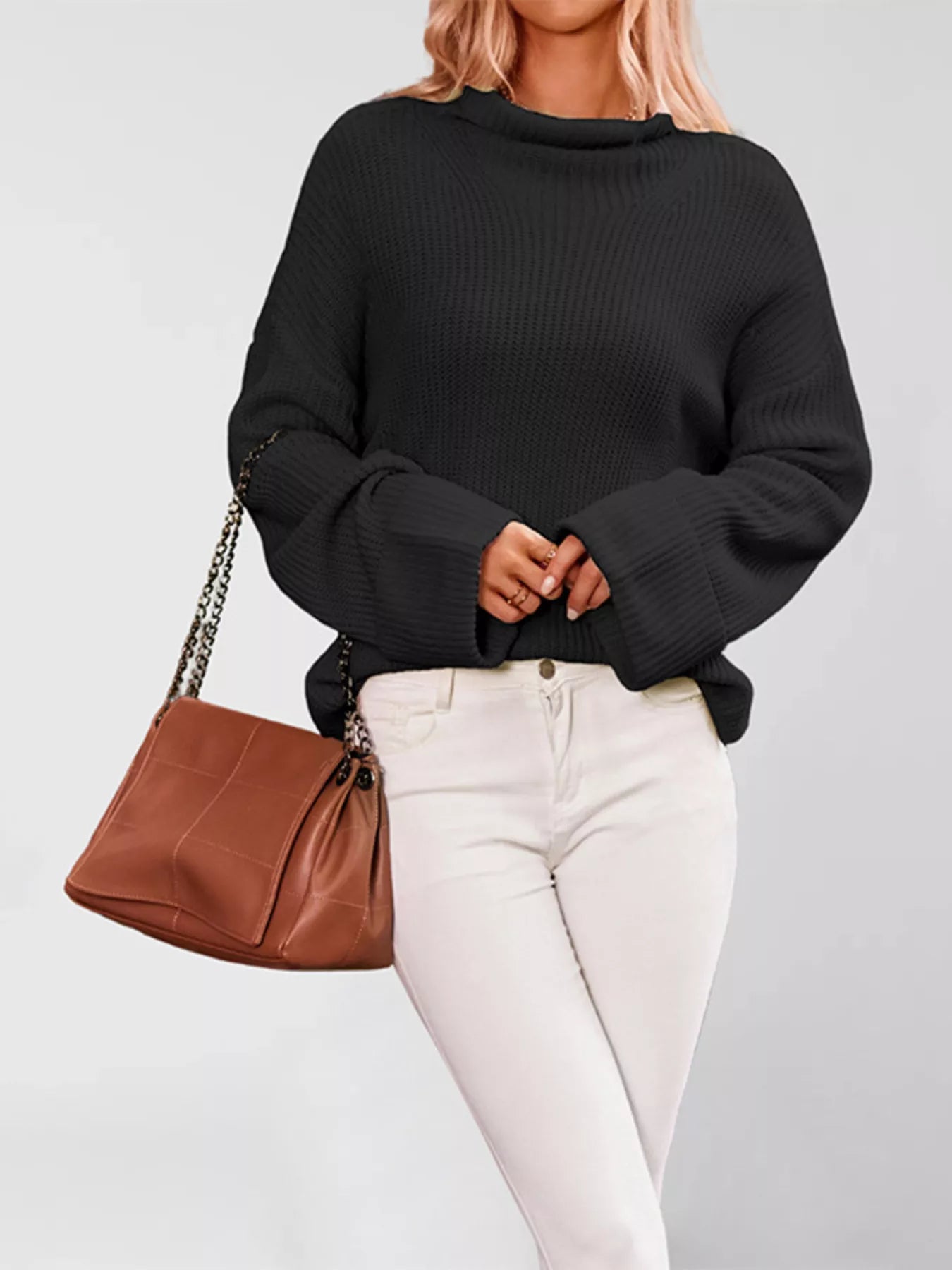 Trendsi Mock Neck Dropped Shoulder Sweater -