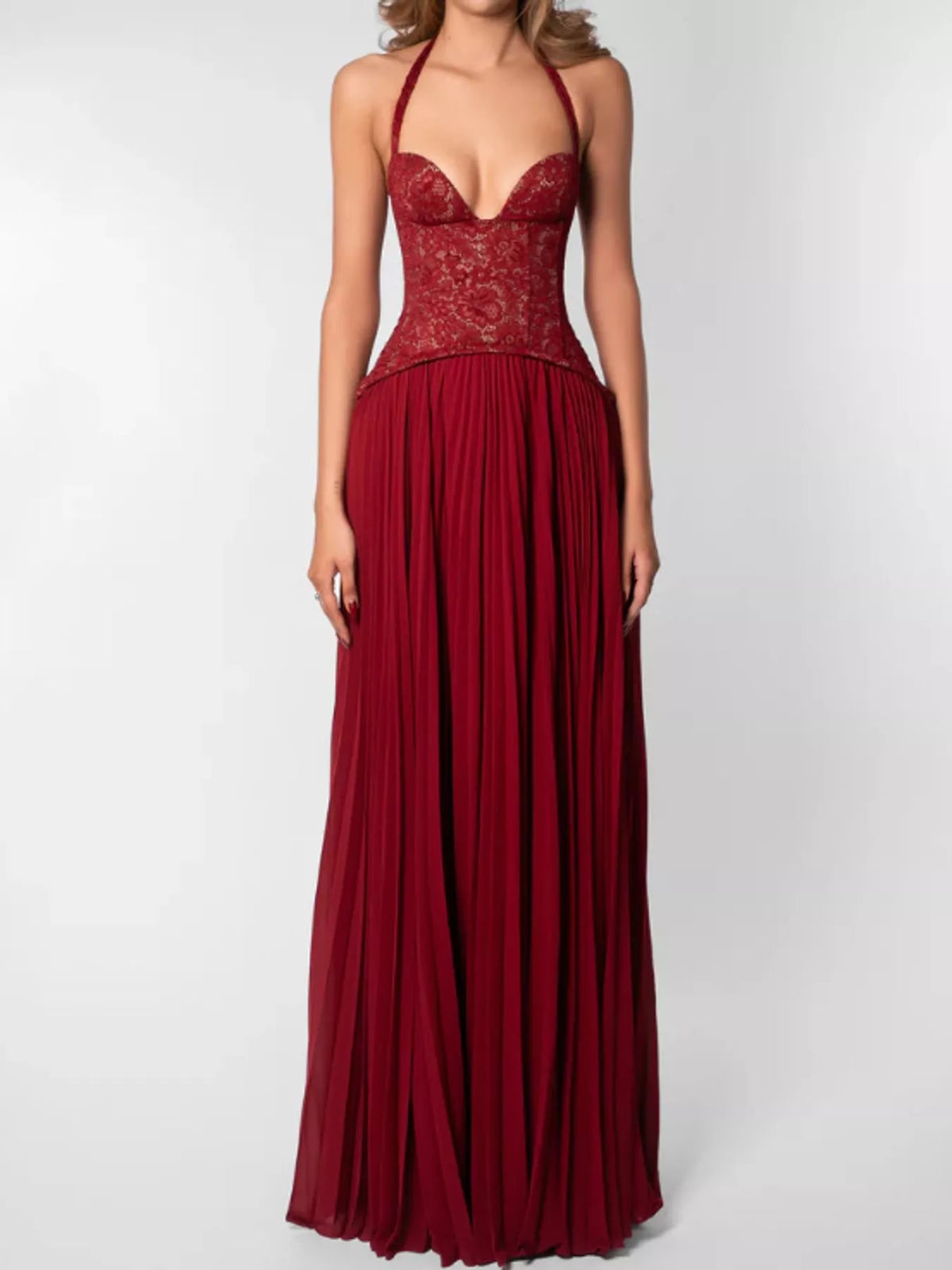 Lace Halter Neck Pleated Maxi Dress — front view