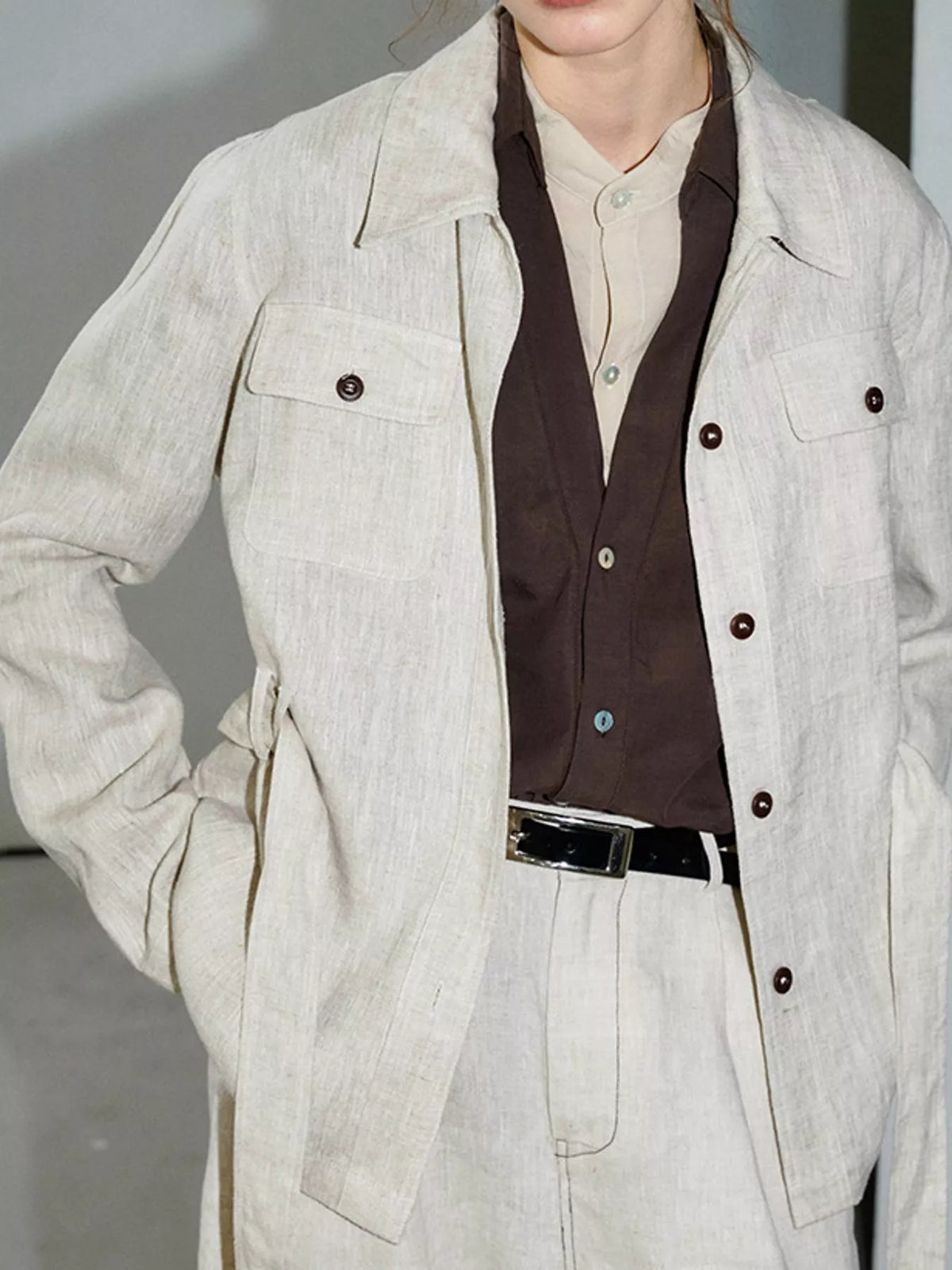 Belted shacket, beige open front