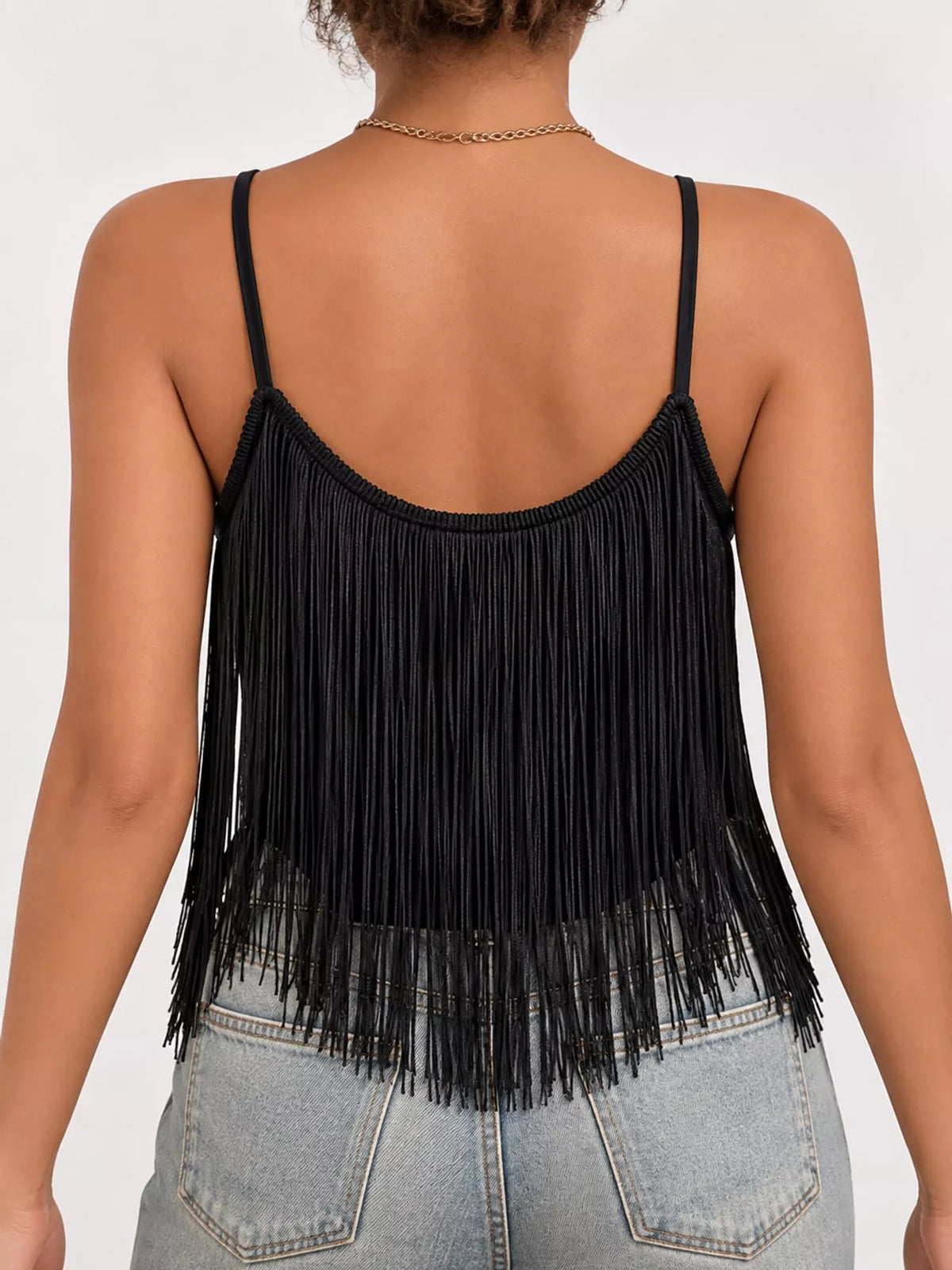Black fringe-trim spaghetti strap cami, back view