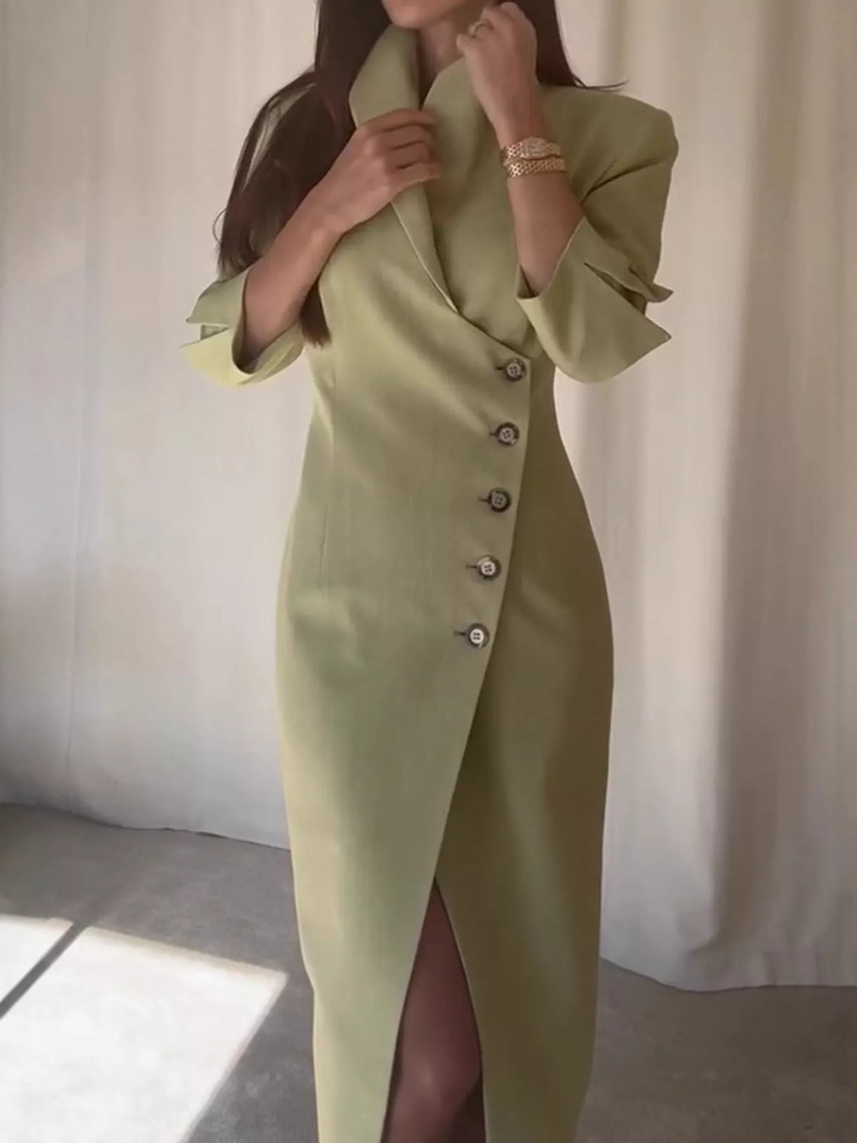 Asymmetric Button-Down Midi Coat in light green
