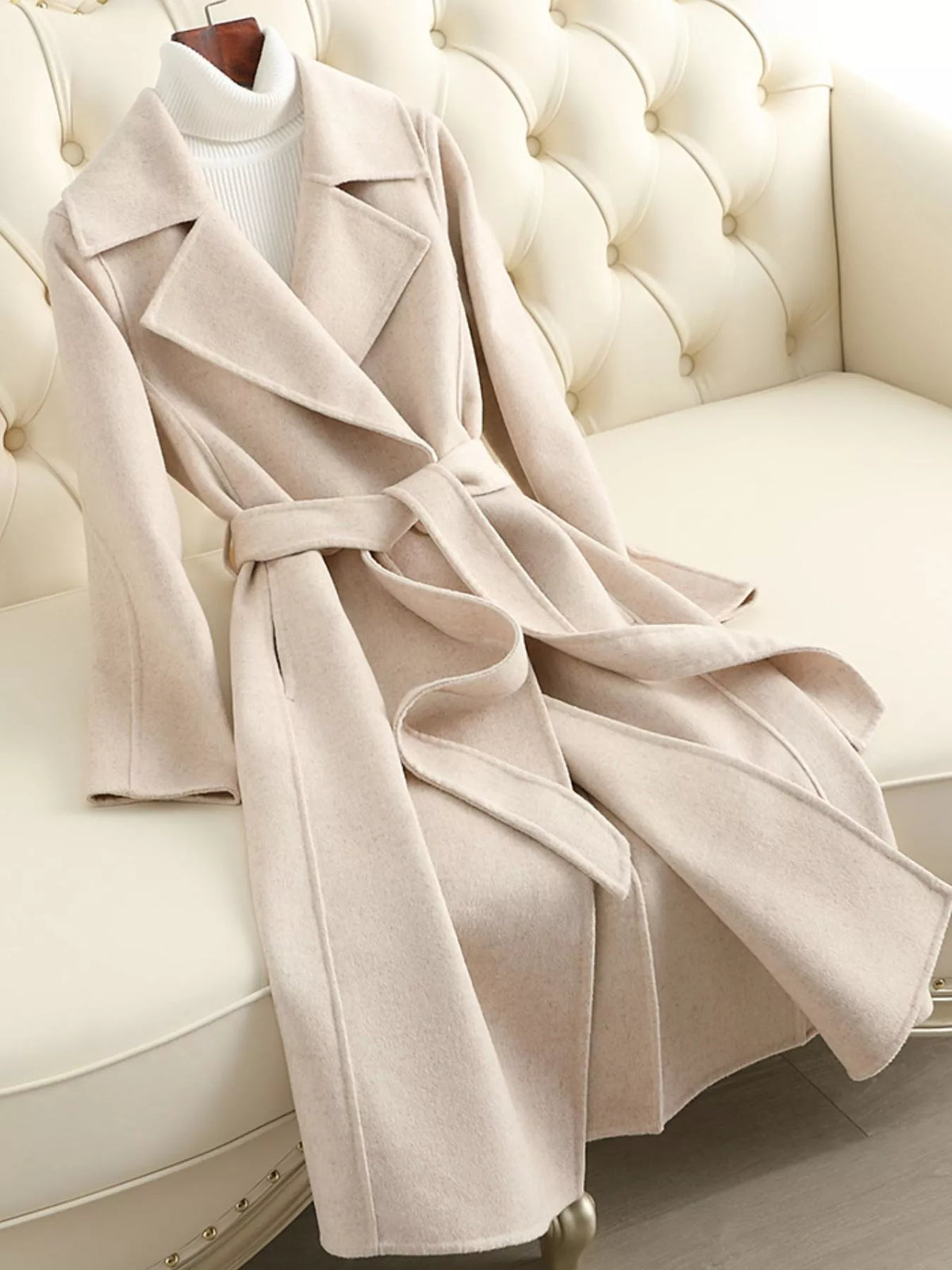 Cream belted longline wool coat