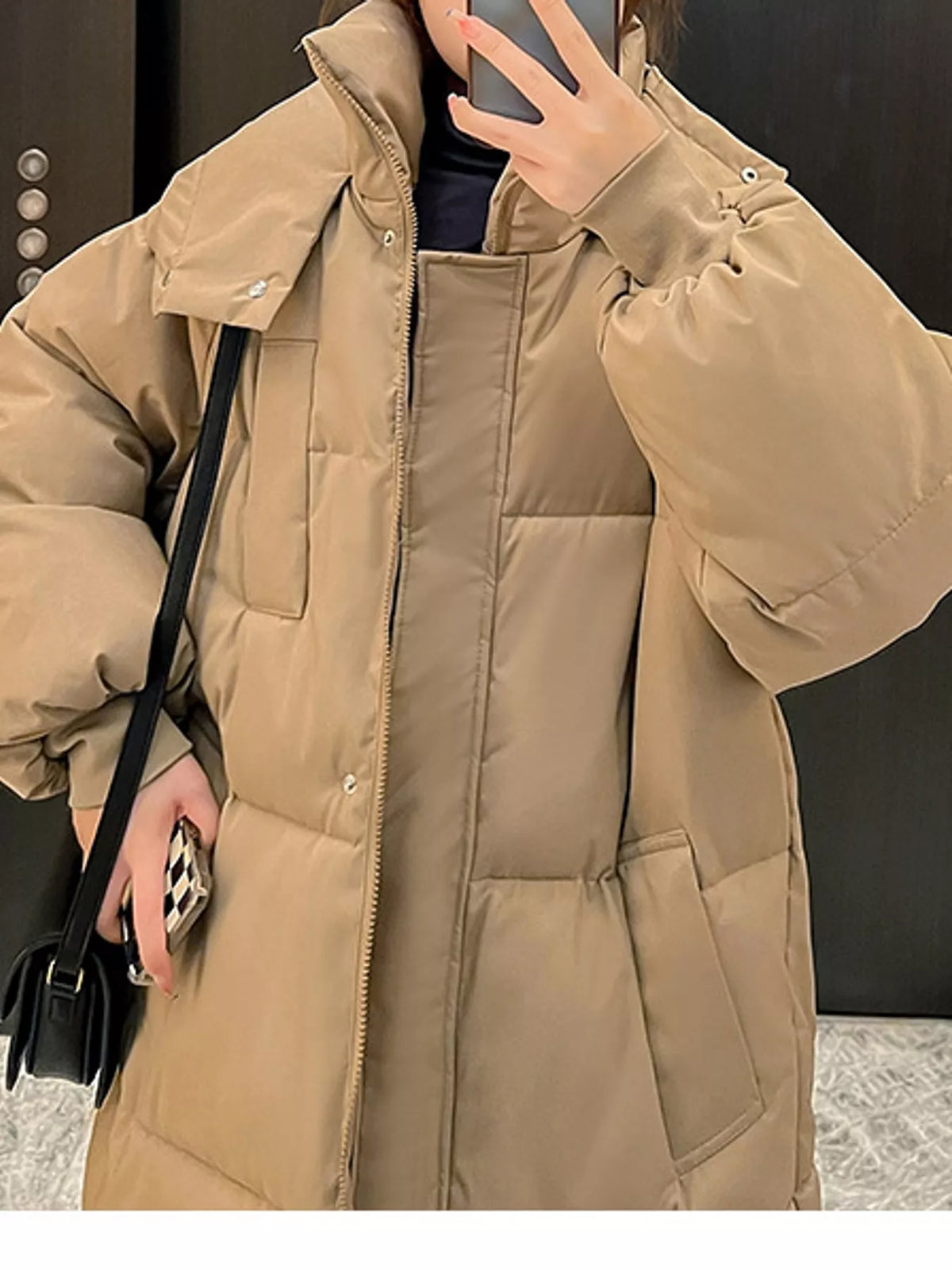 Longline puffer coat, tan collar front