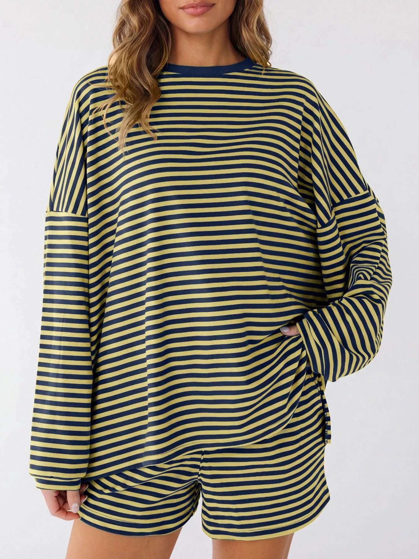 Trendsi Casual Striped Long Sleeve Top and Shorts Set -