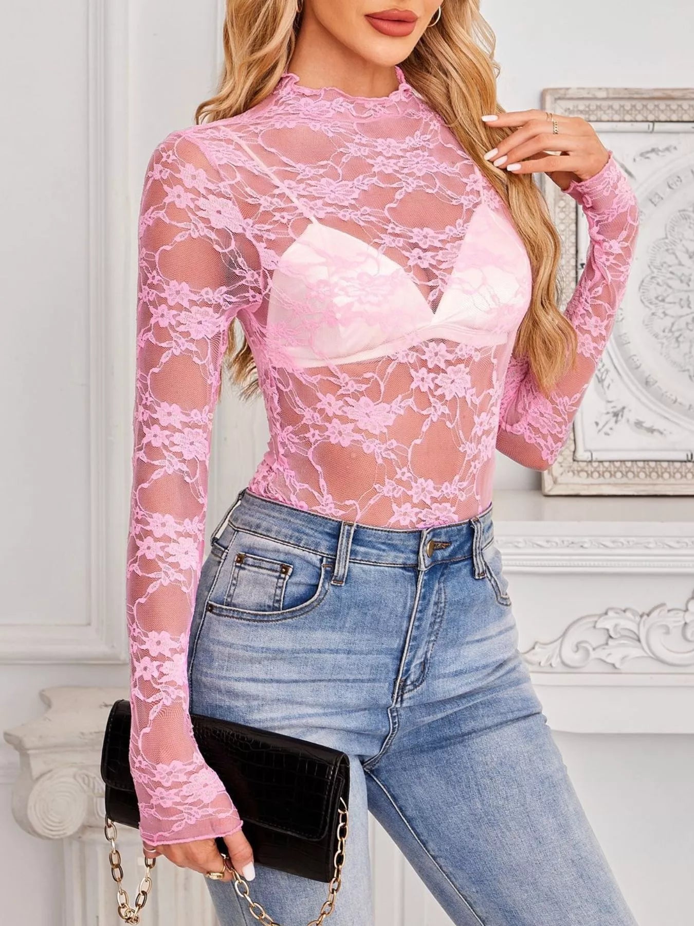 Trendsi Sheer Floral Lace Long Sleeve Top -