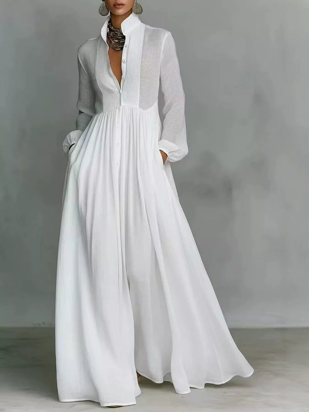 White long sleeve button-front maxi dress