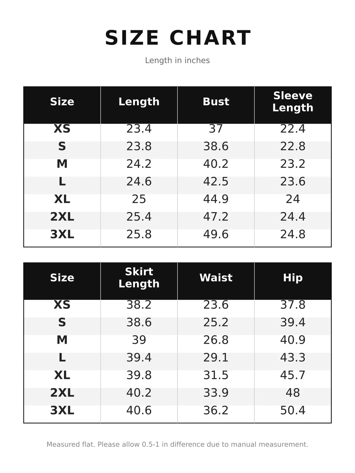 Size and measurement chart for cardigan and skirt set