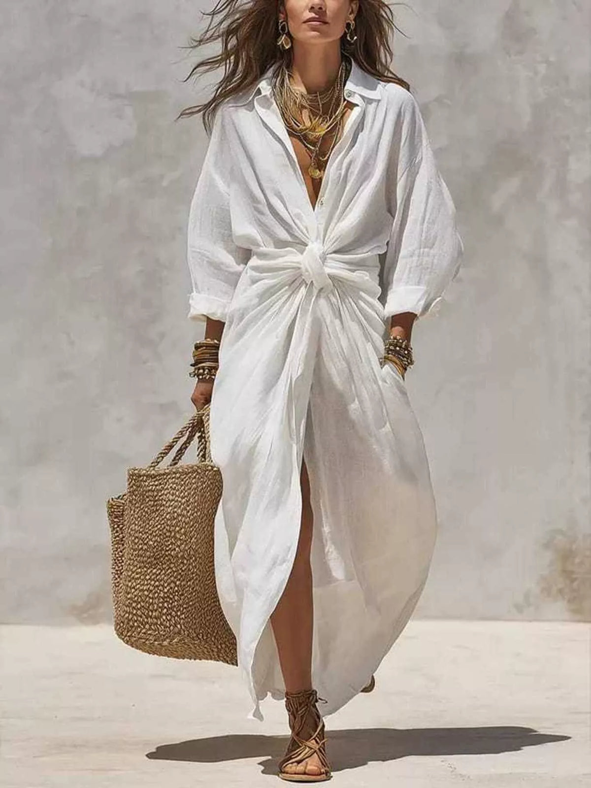 Trendsi Front-Tie Maxi Shirt Dress -