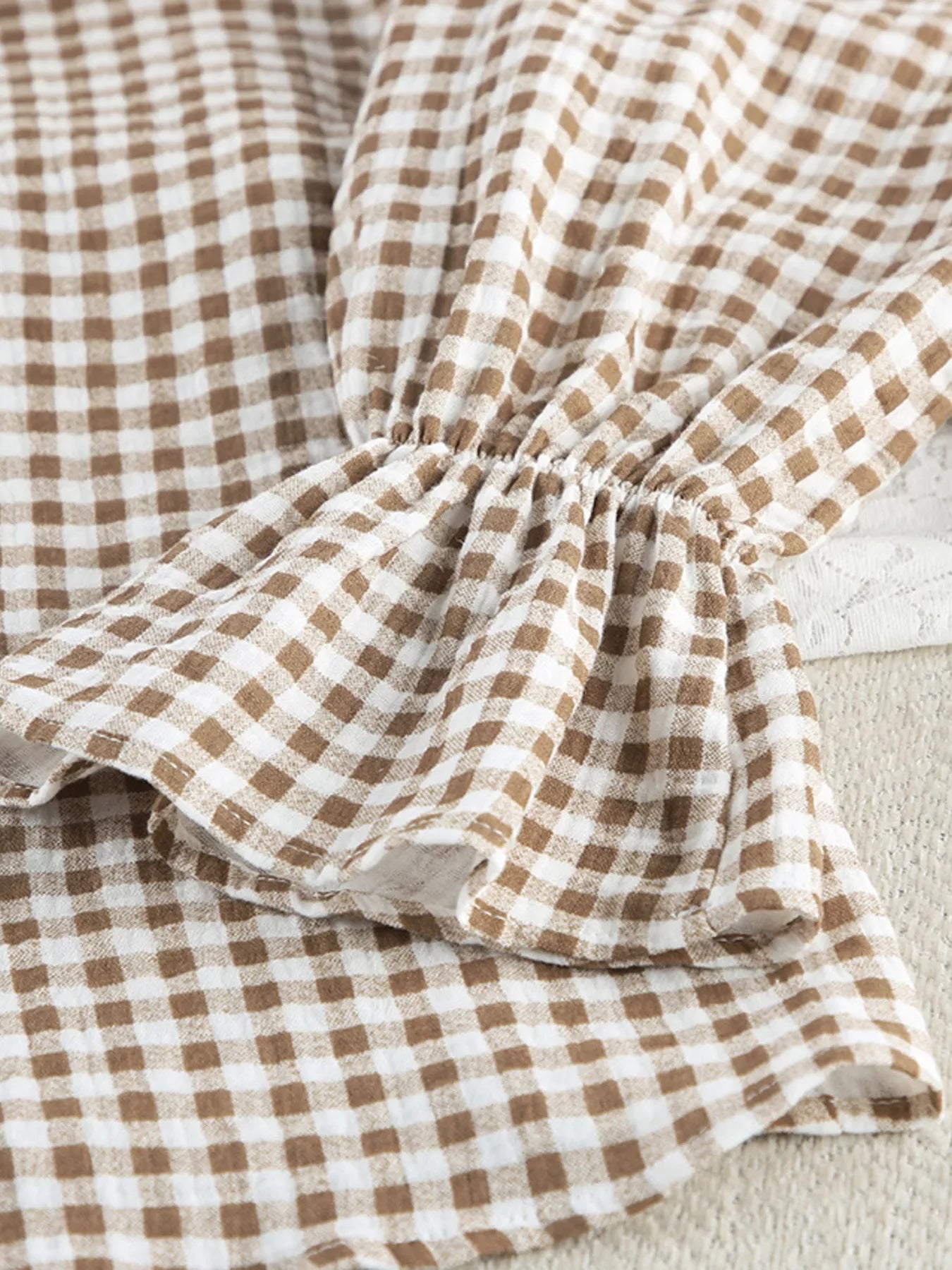 Trendsi Gingham Ruffle-Trim Top and Pants Lounge Set -