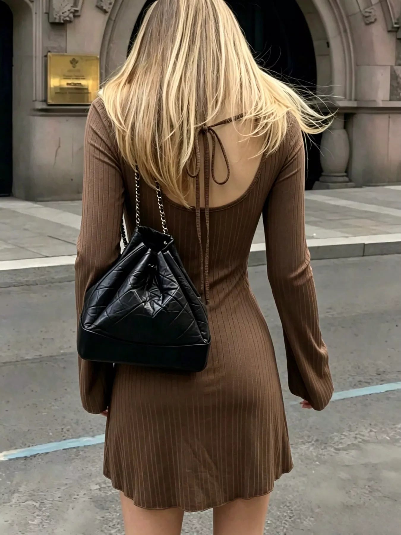 Trendsi Ribbed Knit Long Sleeve Mini Dress -