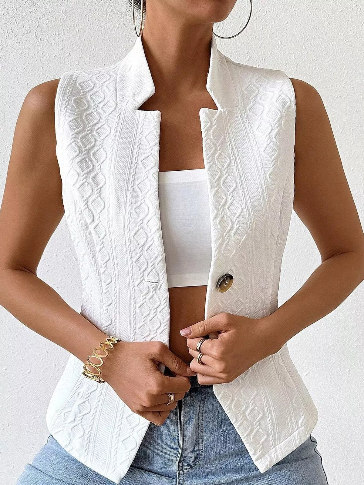 Textured Single-Breasted Vest in white, front view