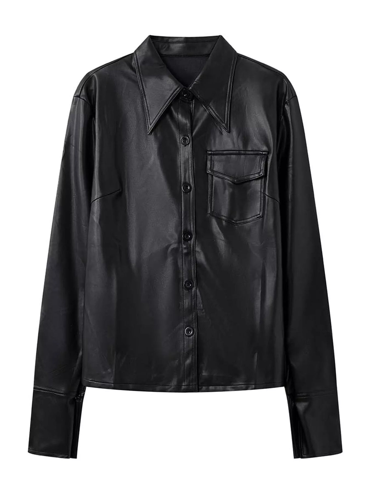 Black faux leather button-front jacket — front view