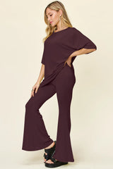Trendsi Double Take Full Size Round Neck Drop Shoulder T-Shirt and Flare Pants Set - Pants